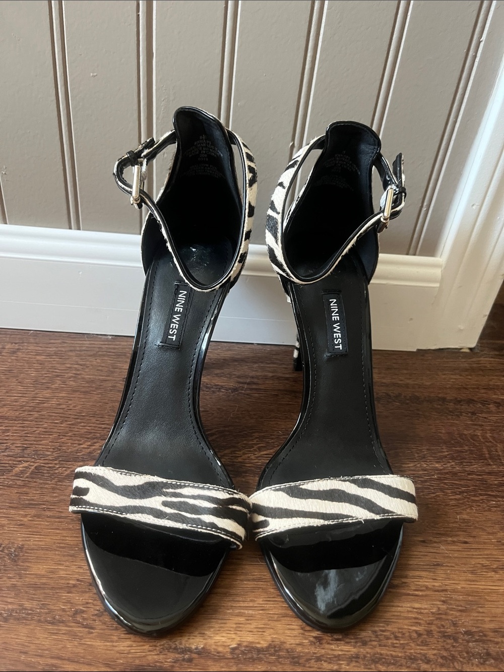 Very cute Nine West Black and White Zebra-Print Ankle-Strap Heels - Picture 3 of 4